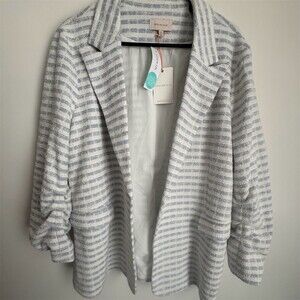 Skies Are Blue NWT Blazer Womens 2XL Blue Striped Open Front Ruched sleeves